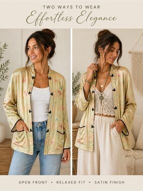 Satin Floral-Print Open Front Jacket in Pale Gold